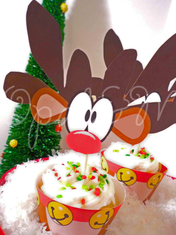 Printable Christmas Rudolph Holiday Cupcake Toppers and Wrappers Il_570xn