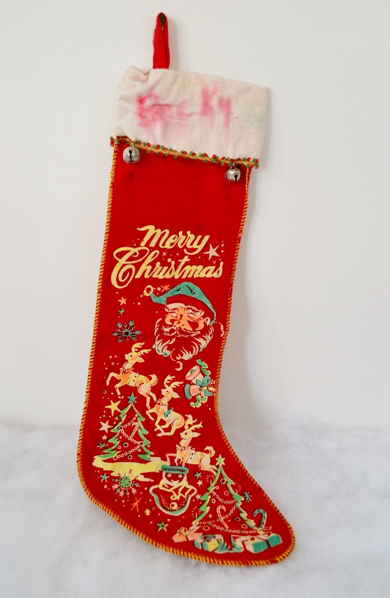 Vintage Christmas Stocking Red Felt Jingle Bells Santa