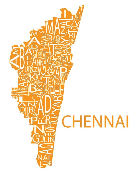 Typographic Map Of Chennai Tamil Nadu India