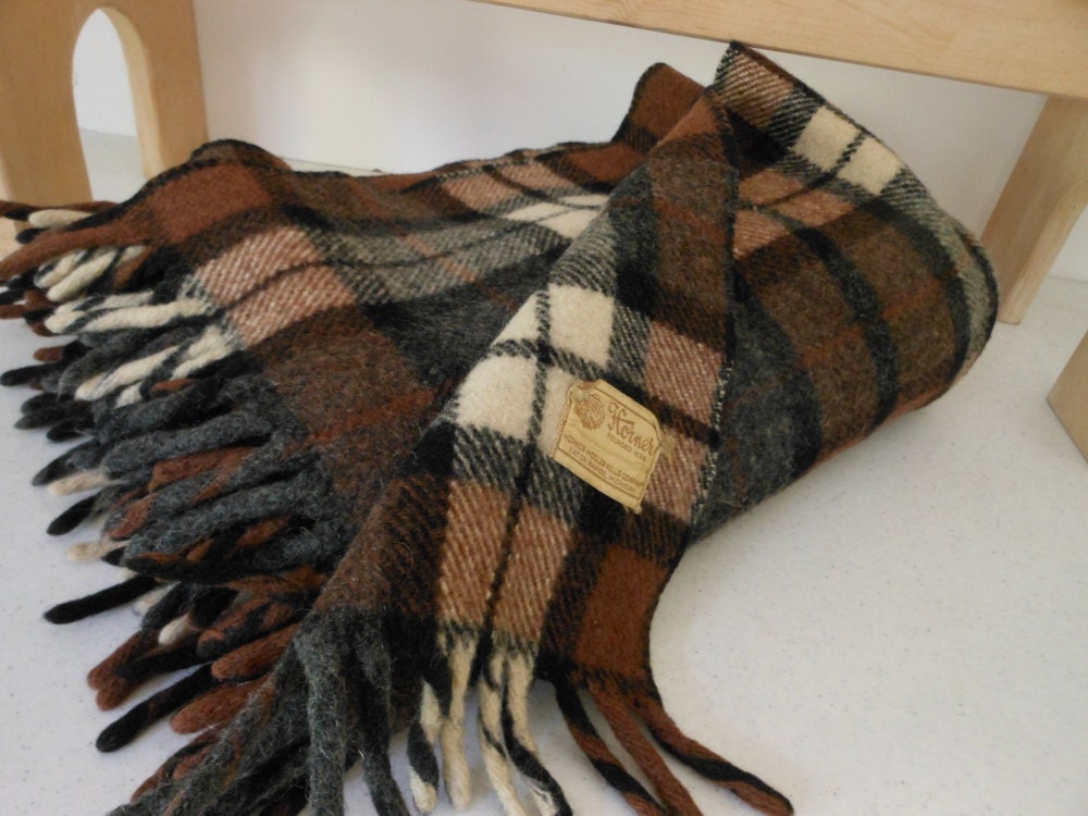 HORNER Wool Blanket Brown Plaid Use/Repurpose