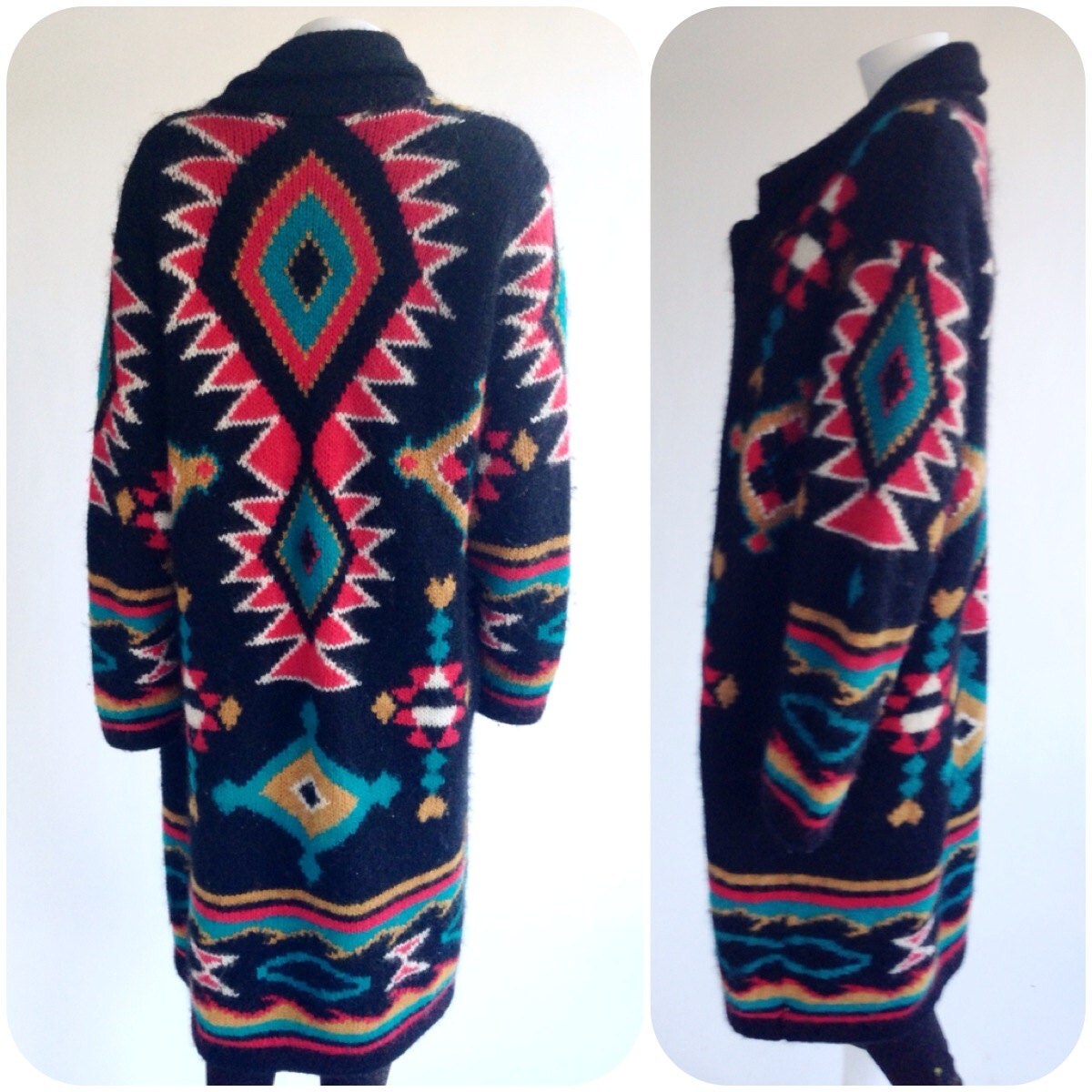 INSANE Navajo Sweater Coat Tribal Ethnic Pattern Fuzzy w