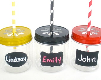 Kids Cups Plastic Mason Jars 8oz w/ “FREE" Chalkboard Labels / Kids Cups / 12 Plastic Jars, 12 Daisy Cut Jar Lids & 12 Labels