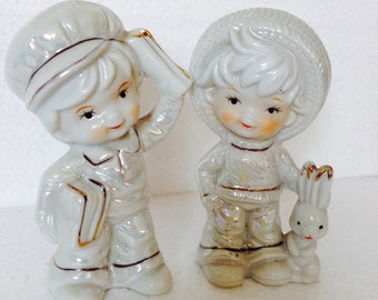 Two Kitsch White Victorian Incandescent Boy & Girl figurine statues - a cute gift or collectors display