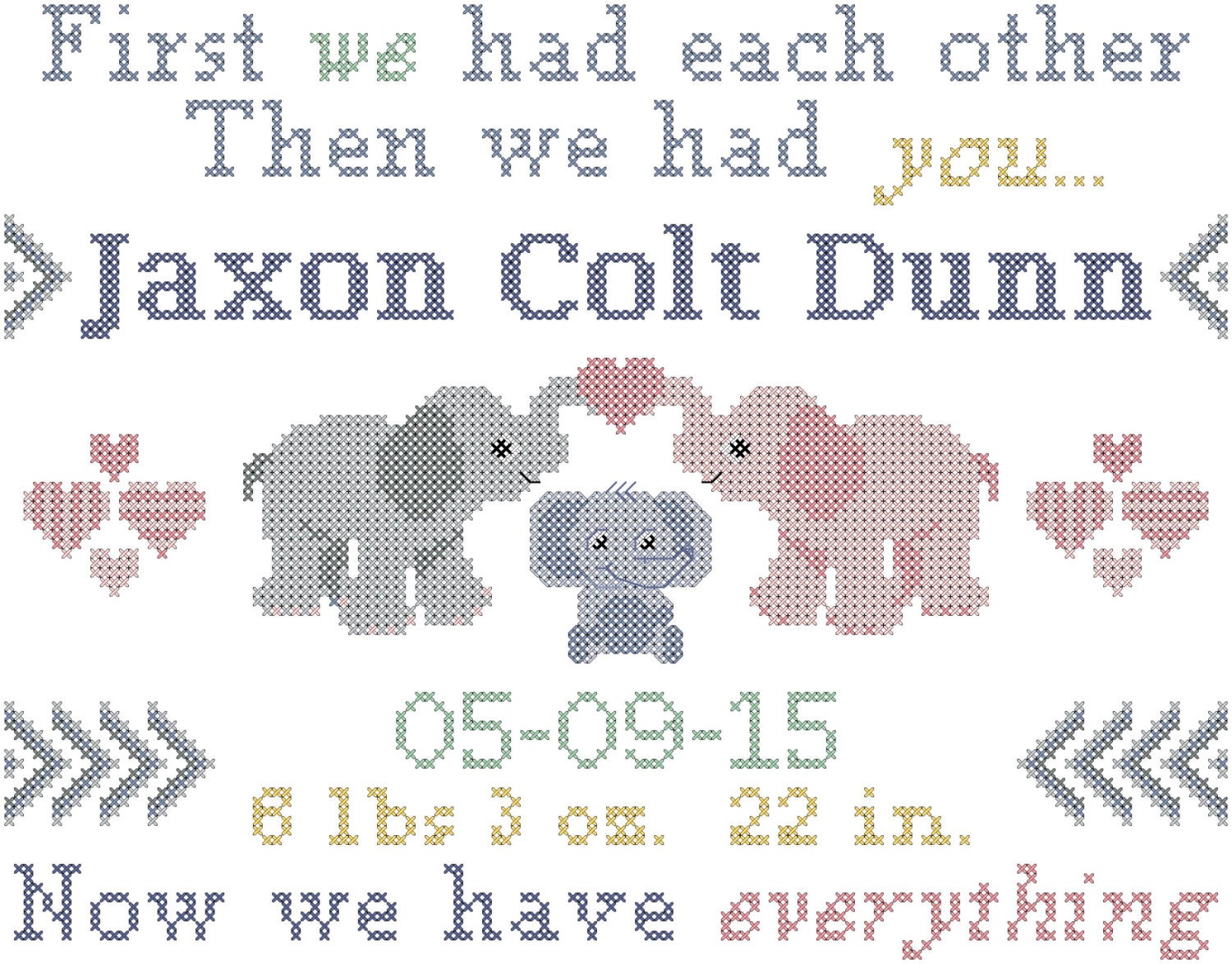 Baby Birth Annoucement Cross Stitch Pattern Elephants First we