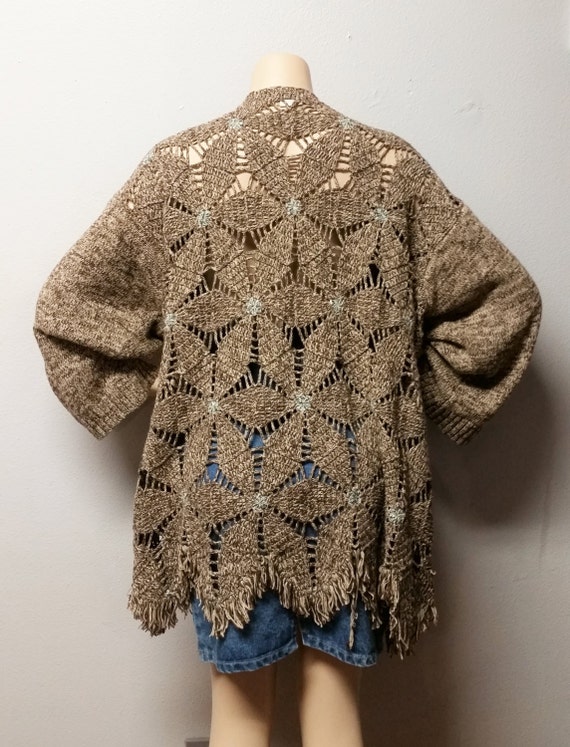 Crochet open front & open weave space dye sweater with fringe