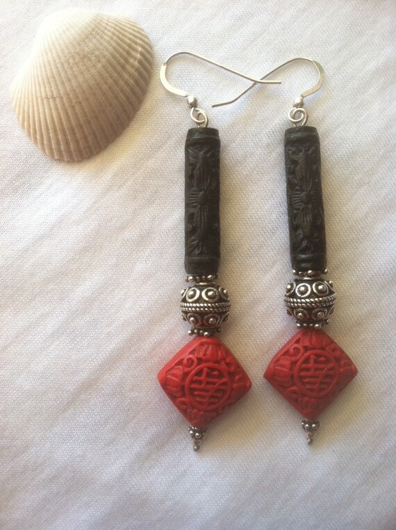 Cinnabar Earrings Handmade Asian Themed Earrings Red Black
