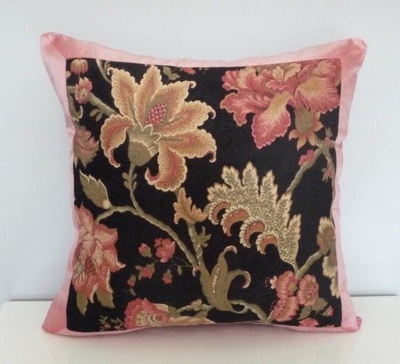 Black Chenille Floral Pillow Cover. Pink Silk Pillow. by Tanche