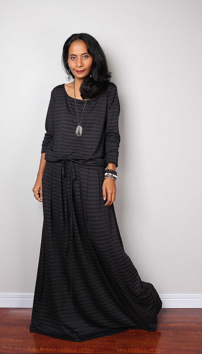 Striped dress Long Sleeve Maxi Dress Grey Purple by Nuichan