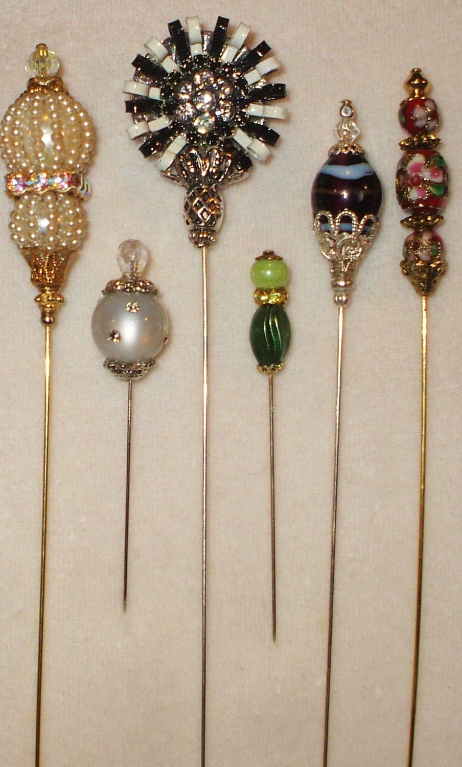 6 Antique style Victorian Hat Pins with vintage and antique