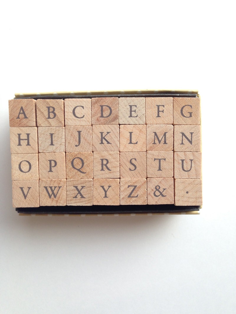 alphabet rubber stamp set. uppercase letter stamp. wood