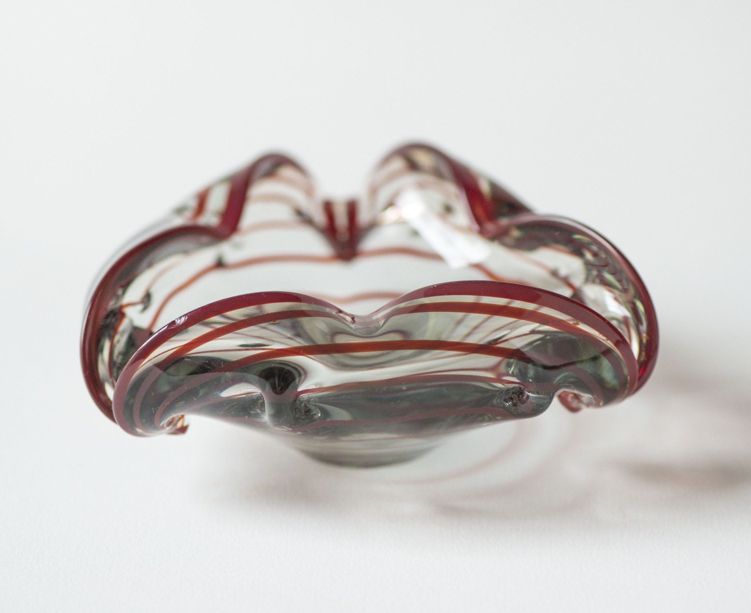 Vintage handblown glass ashtray transparent ashtray burgundy