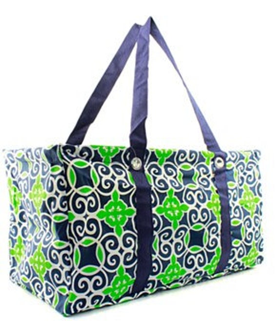 Monogrammed Utility Tote - Navy  Green - TEACHER Bag - Carryall Tote ...