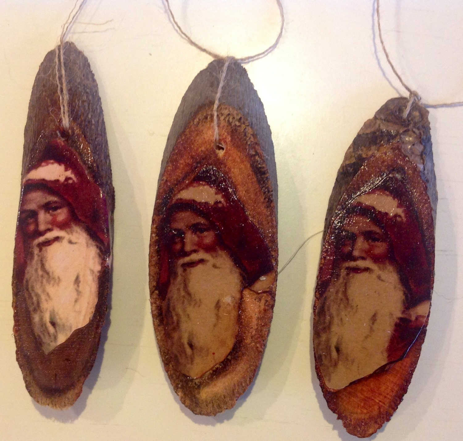 Wood Slice Holiday Santa Tags Tree Decor Holiday Wood Slice Tags Christmas Housewarming Gift Handmade Christmas Tag Prim Ready to Ship