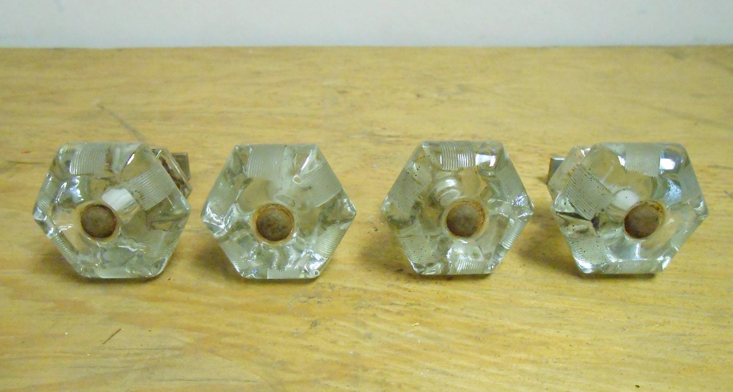 Vintage Set of 4 Clear Glass Drawer Pulls Six Sided Knobs