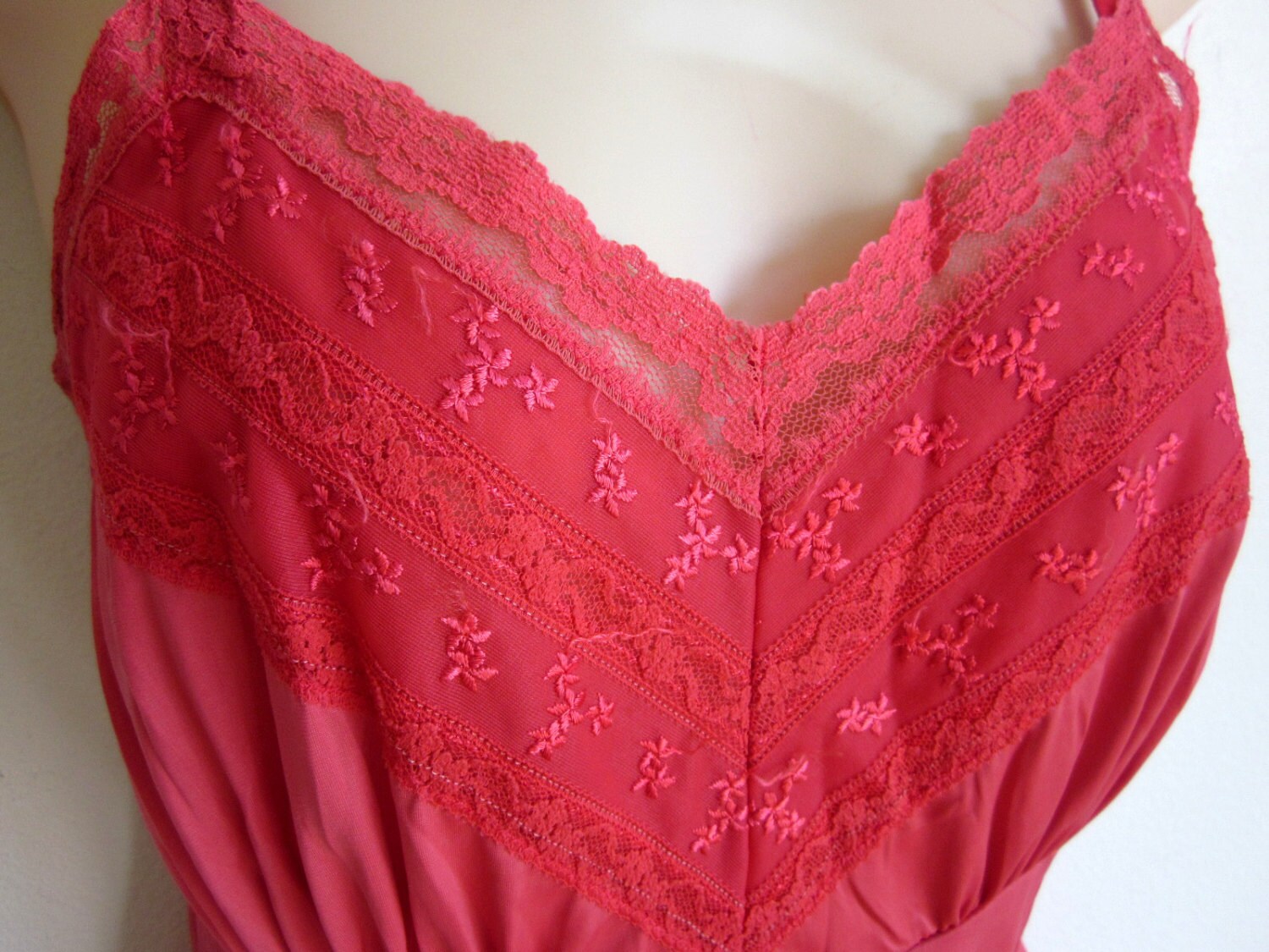 Vintage Full Slip red nylon fancy lace bodice 32 by divasvintage