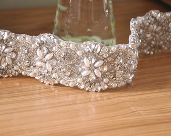 Rhinestone and Pearl Applique, Crystal Beaded Wedding sash Applique