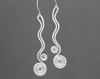 Silver wiring double scroll spiral linear dangling earrings Bridesmaid gifts Free US Shipping handmade Anni designs