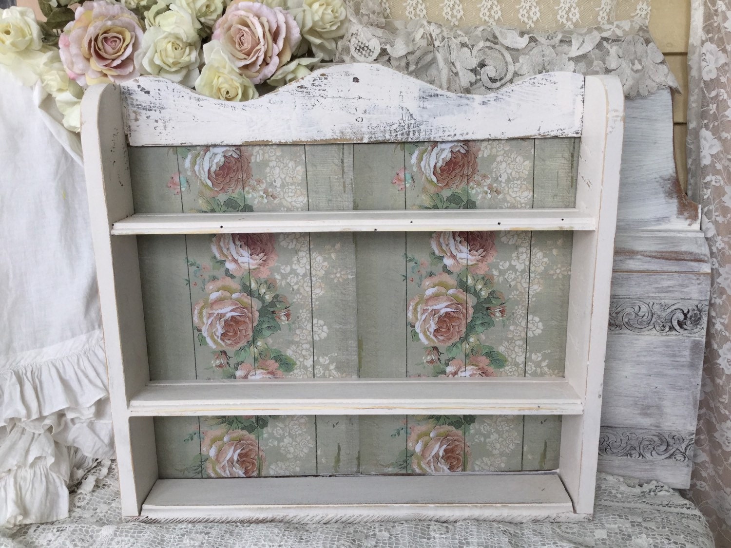 Shabby Rustic Plate Rack Large Shelf White Wooden Plate