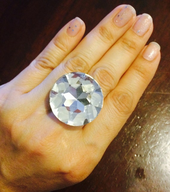 Items similar to Round Crystal Cocktail Ring with adjustable Silver