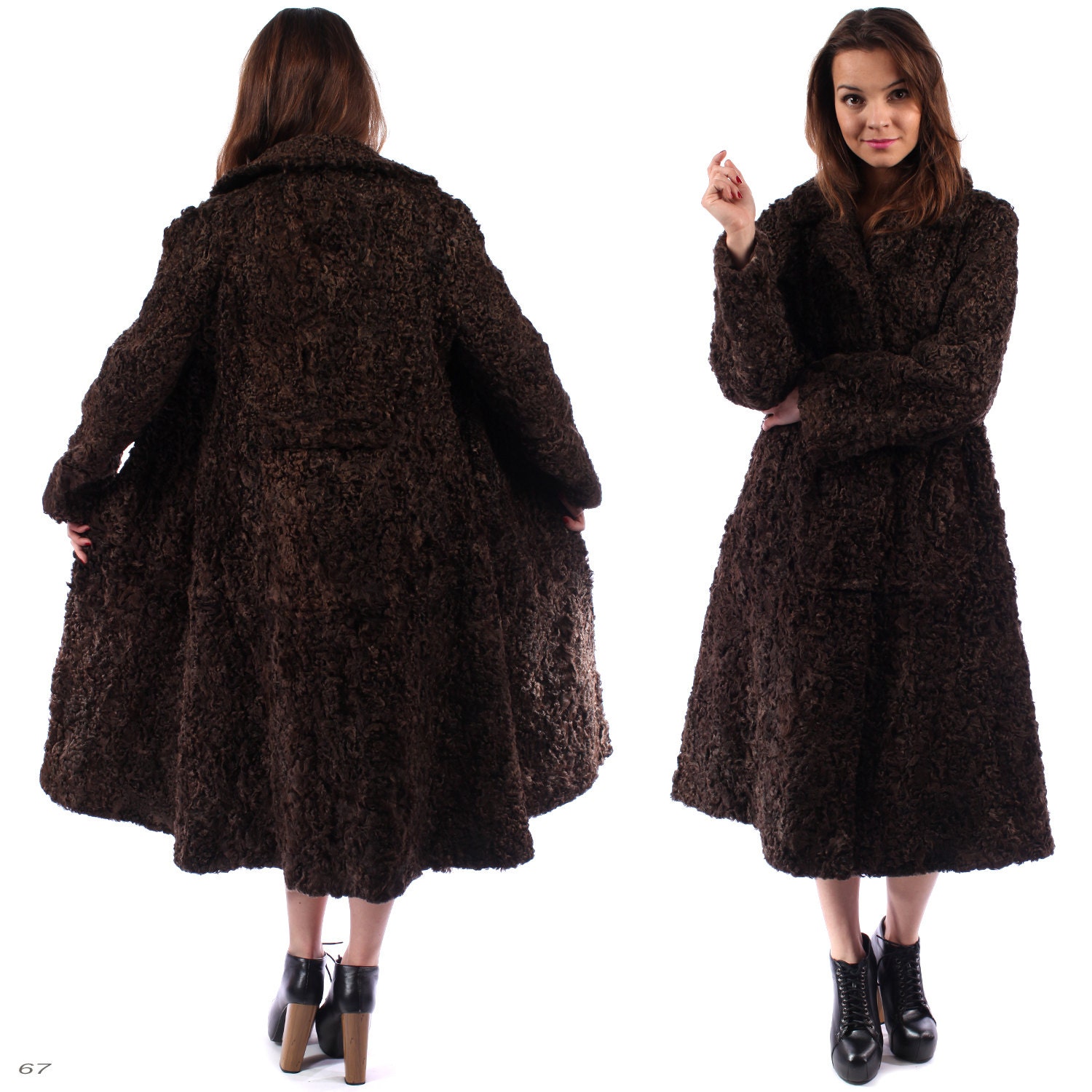 PERSIAN LAMB FUR Coat . 60s Vintage Luxury Outer Wear Brown