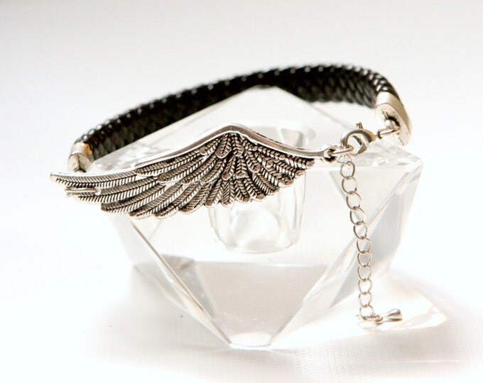 women Angel wing black braided leather bracelet adjustable