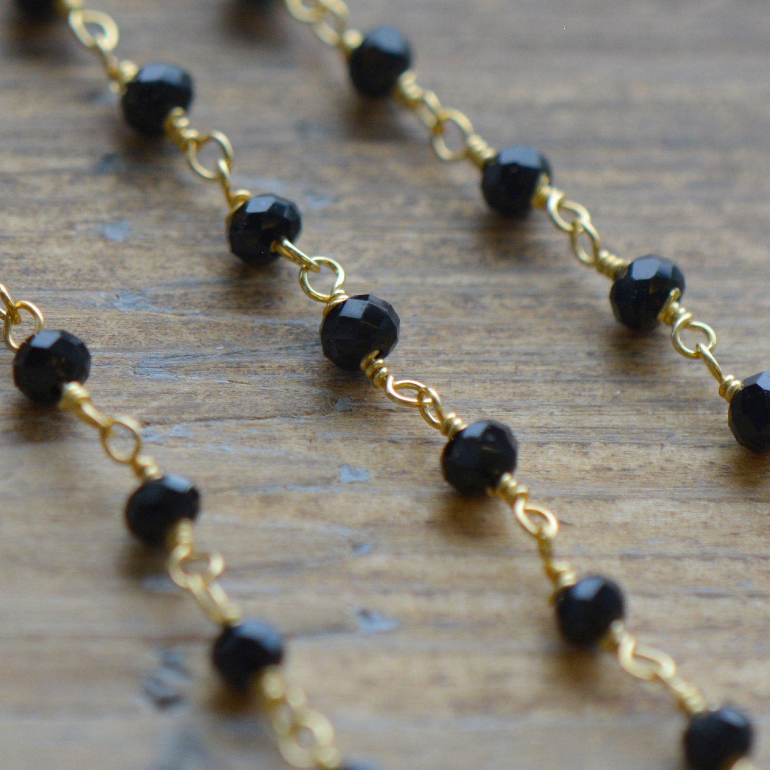 BLACK Glass Bead Chain Faceted 3mm Black Beads on 24K GOLD