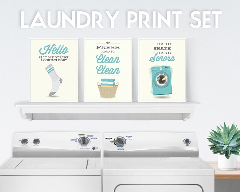 Laundry Room decor 3 Piece Print Set aqua washroom