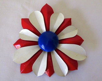 Vintage Red White & Blue Metal Flower Pin Brooch