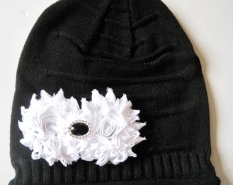 Black Youth Girls Youth Slouch Beanie with White Chiffon Flower and a Black and Rhinestone Accent Girls Winter Hats