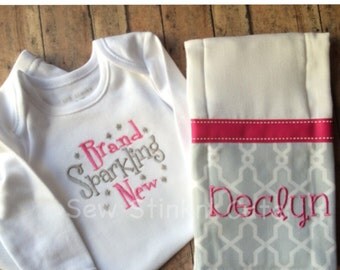 Personalized Appliqued/Embroidered Brand Sparkling New Gown with Martching Burp Cloth