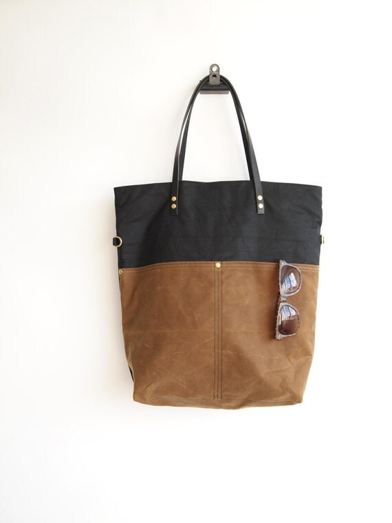 Waxed CANVAS and LEATHER Straps Tote Bag Black and Tan MAREE