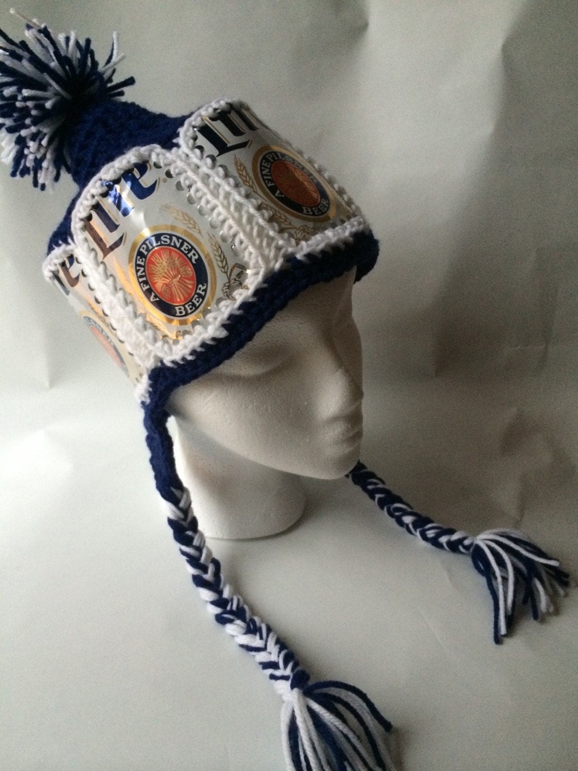 Recycled Miller Lite crocheted beer can hat with braids and