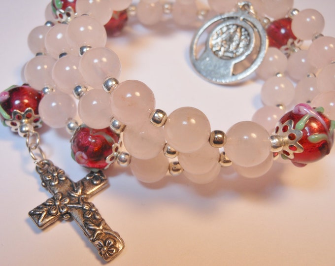 FREE SHIPPING Rosary bracelet "Pink Goddess" five decade, rose quartz beads, Lampwork floral Our Father beads, silver plated crucifix medal