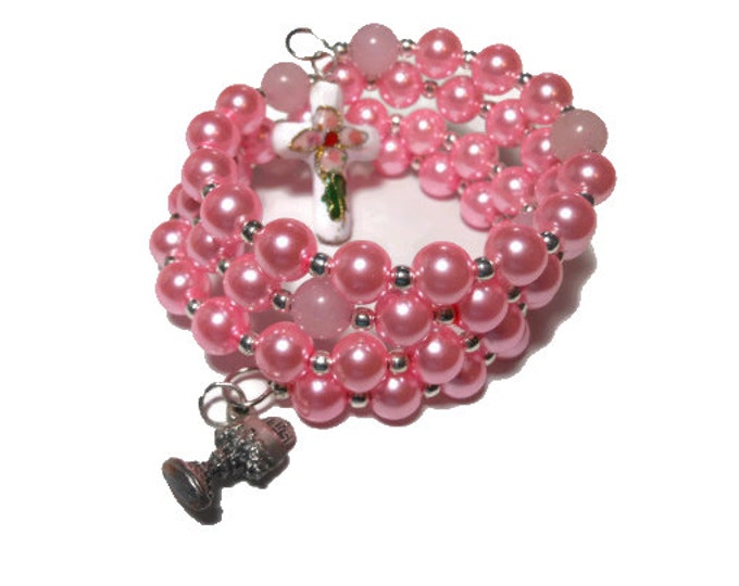 FREE SHIPPING Communion Rosary bracelet five decade, pink glass pearls rose quartz Our Fathers, cloisonne cross, silver plated chalice medal