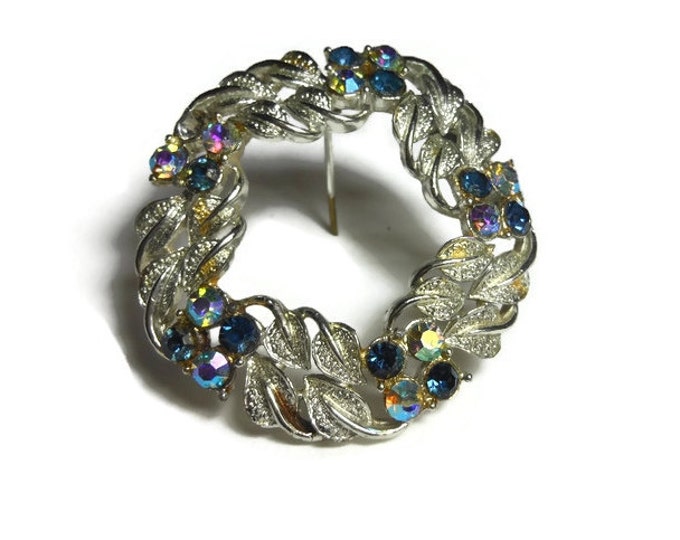 FREE SHIPPING Rhinestone circle pin brooch with silver leaves, late 1950s early 60s, blue rhinestones and Aurora Borealis (AB) rhinestones