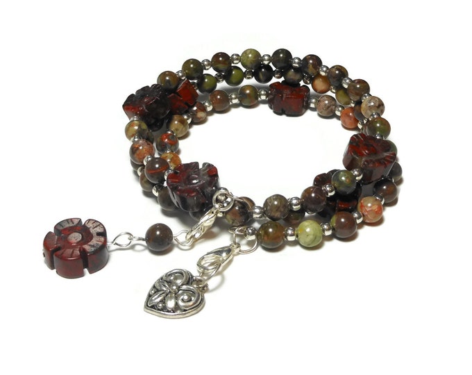 FREE SHIPPING Interchangeable Rosary bracelet "St. Joseph" five decade, Sierra agate beads, brecciated jasper floral padres, silver plated