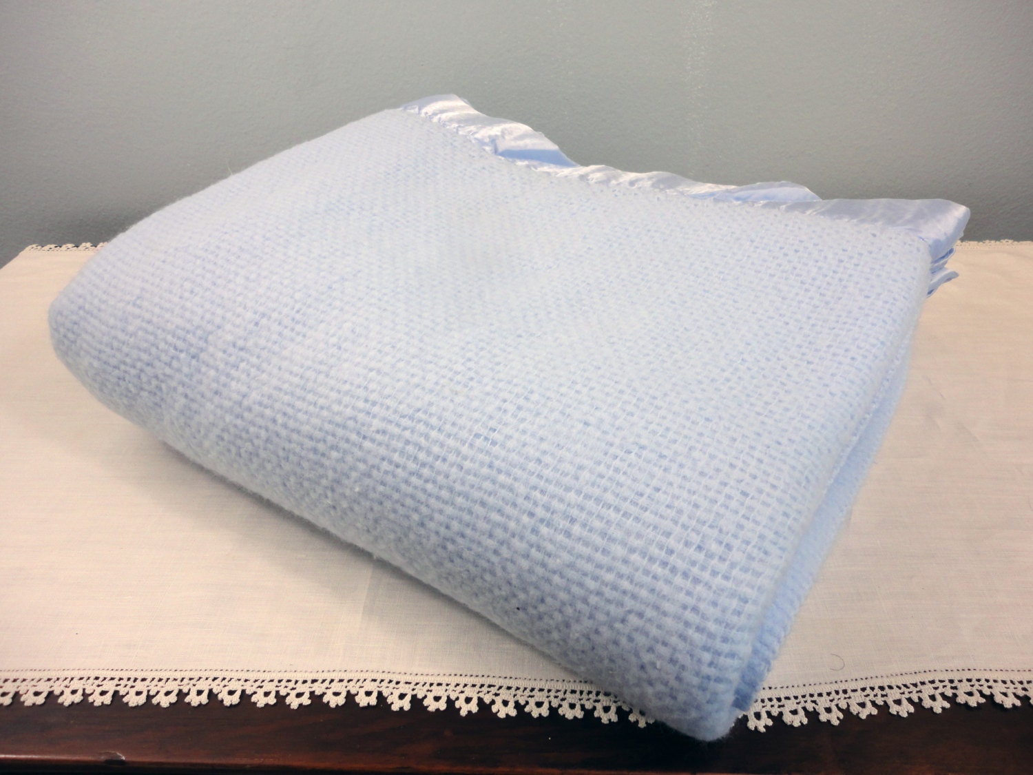 Vintage Light Blue Acrylic Blanket With Satin Binding Twin