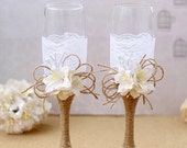 Burlap and Lace Toasting Flutes Rustic Toasting Glasses Bride and Groom Toast Glasses Rusting Wedding Champagne Glasses