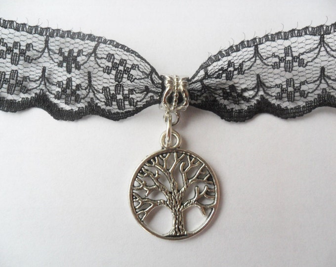 Black lace choker necklace with silver tone tree of life pendant, Ribbon Choker Necklace
