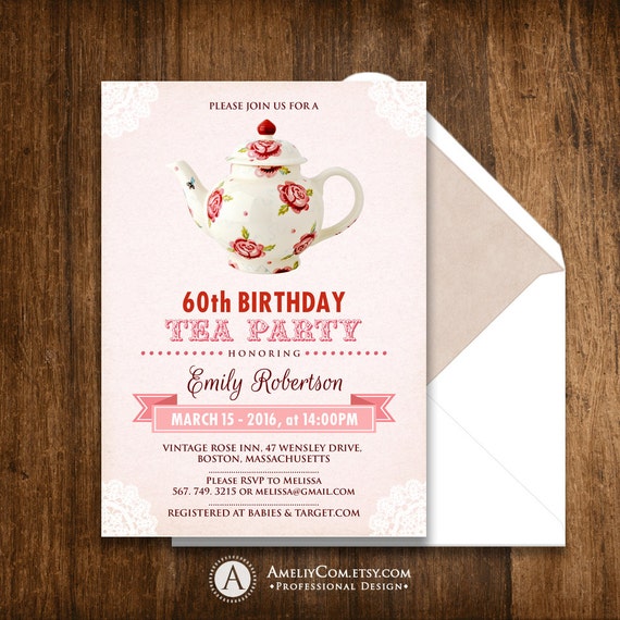 Adult Birthday Tea Party Invitations Printable Personalized