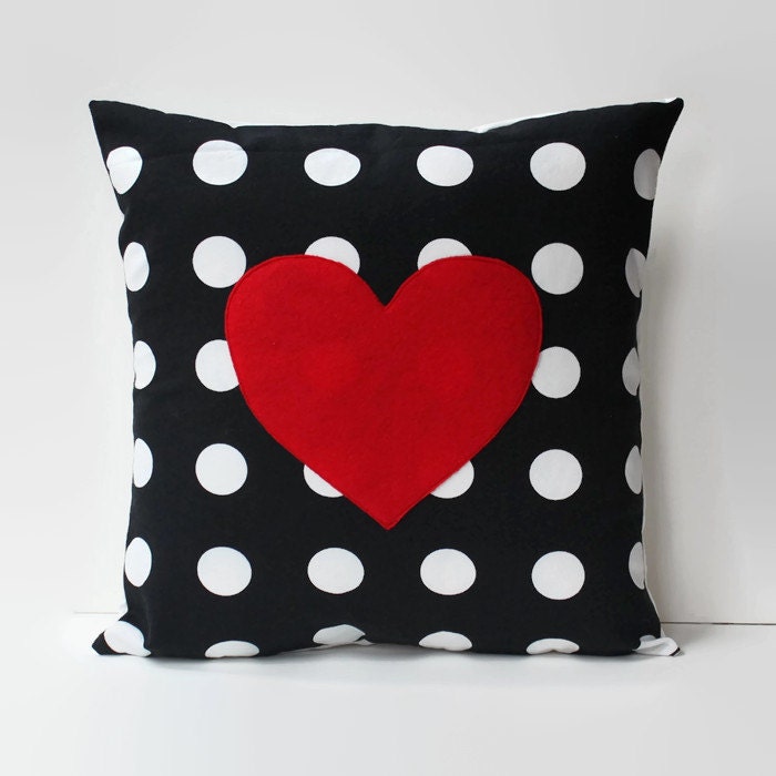 polkadot pillow cover // red heart pillow // heart appliqué
