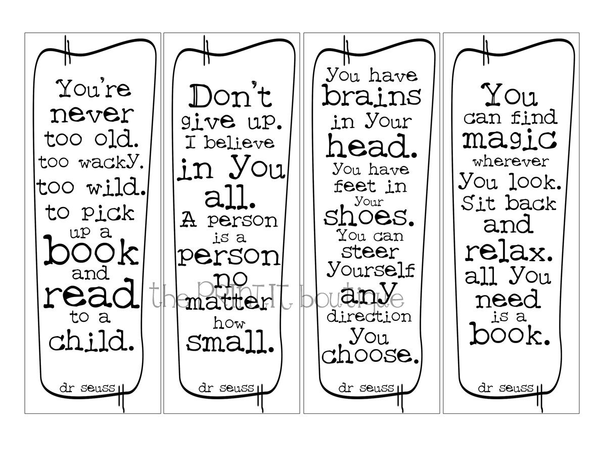 dr seussset two of 4 black and white printable bookmarks