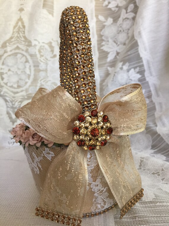 gold flower girl basket with lace and brooch rustic wedding