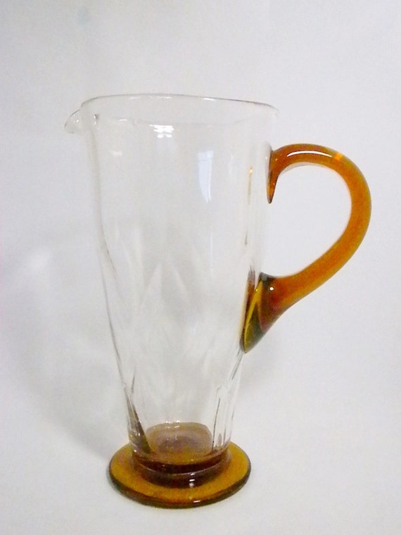 Vintage Glass Water Pitcher with Amber Handle and by oldandnew8