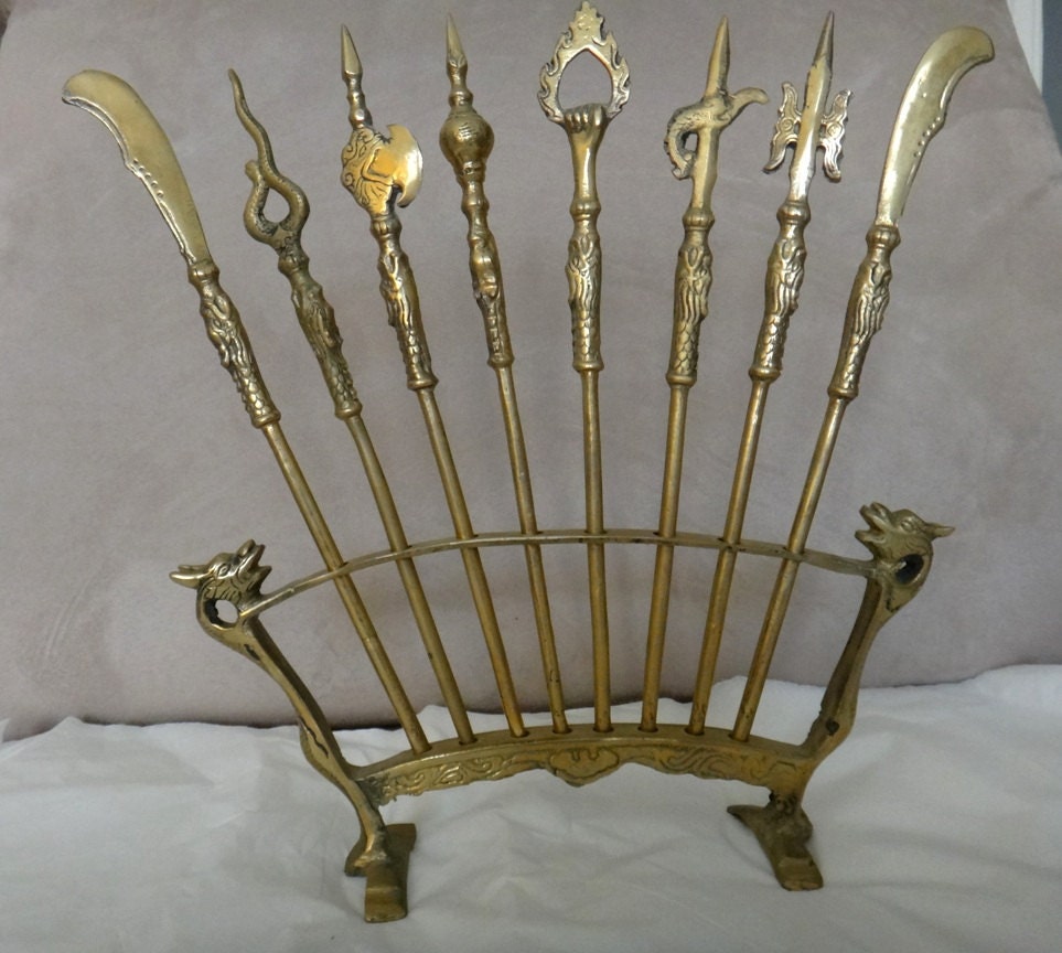 Vintage Solid Brass Skewers with a Dragon / Lion Stand Unique Asian