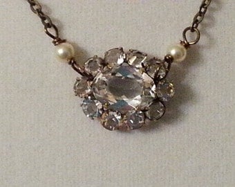 Paste Jewelry - Antique Necklace - Rock Crystal Necklace -Repurposed Brooch Necklace