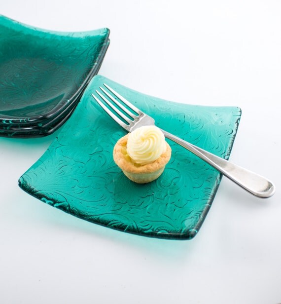 Glass Dessert Plates Teal Glassware Modern Dinnerware Fused