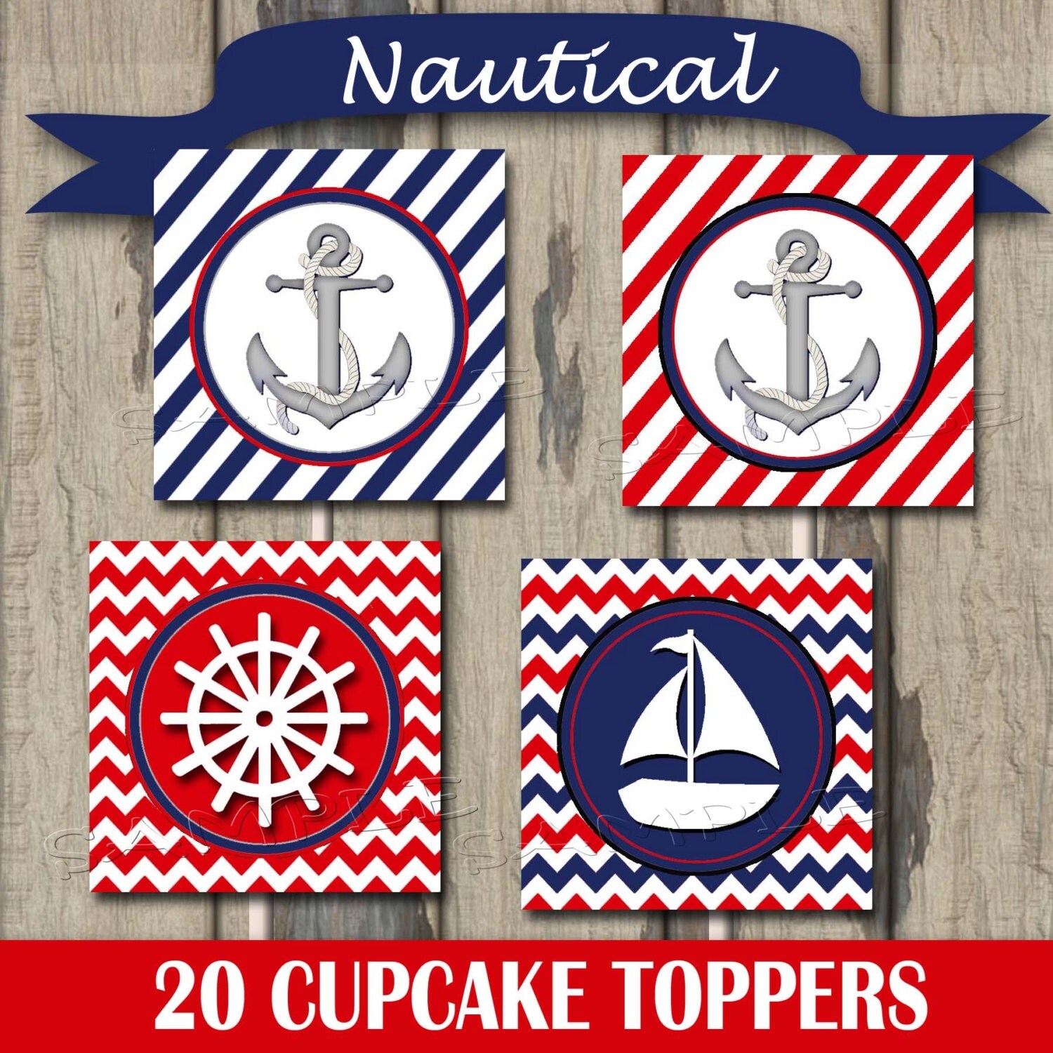 Nautical Navy & Red Cupcake Toppers 2 Circles / Square