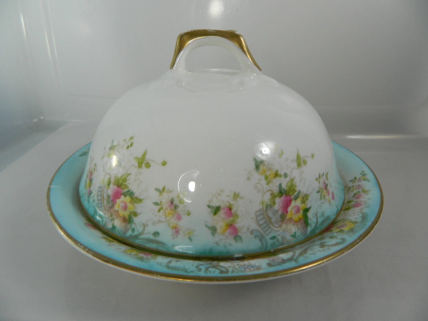 Vintage Porcelain Butter Dish Covered Dish Teal Floral