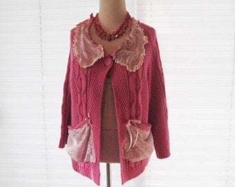 Dark pink lace cardigan, upcycled sweater, refashioned clothing, cable knit romantic cardigan, medium to large, boho, gypsy glam